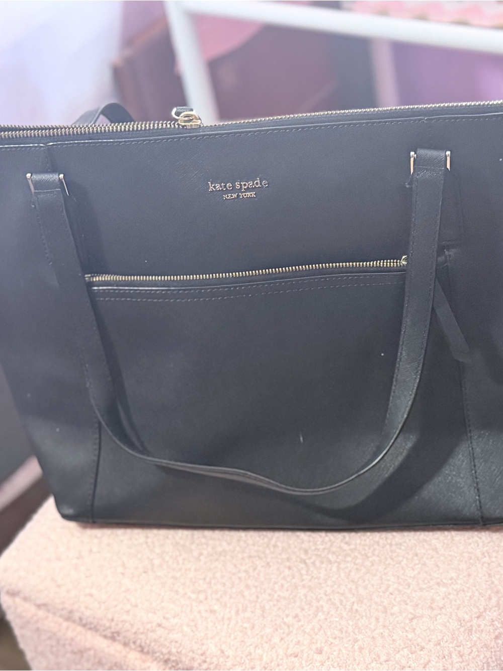 kate spade Black Leather Zip-Top Tote with Front Pocket